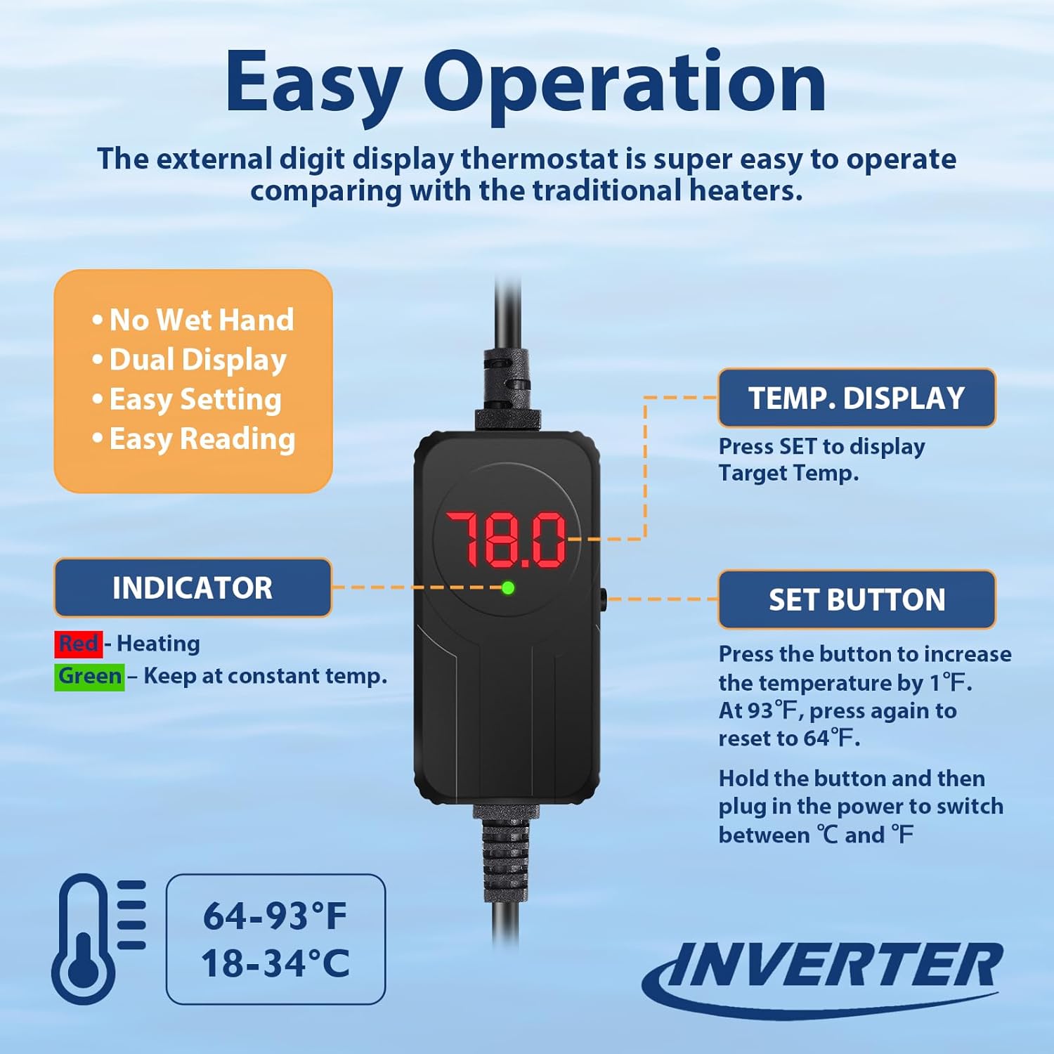 AquaMiracle Submersible Aquarium Heater with LED Digital Temp Display, Fish Tank Heater with Dry-Run & Over-Temp Protection, for Freshwater Saltwater Aquariums(300W/40-75Gal)