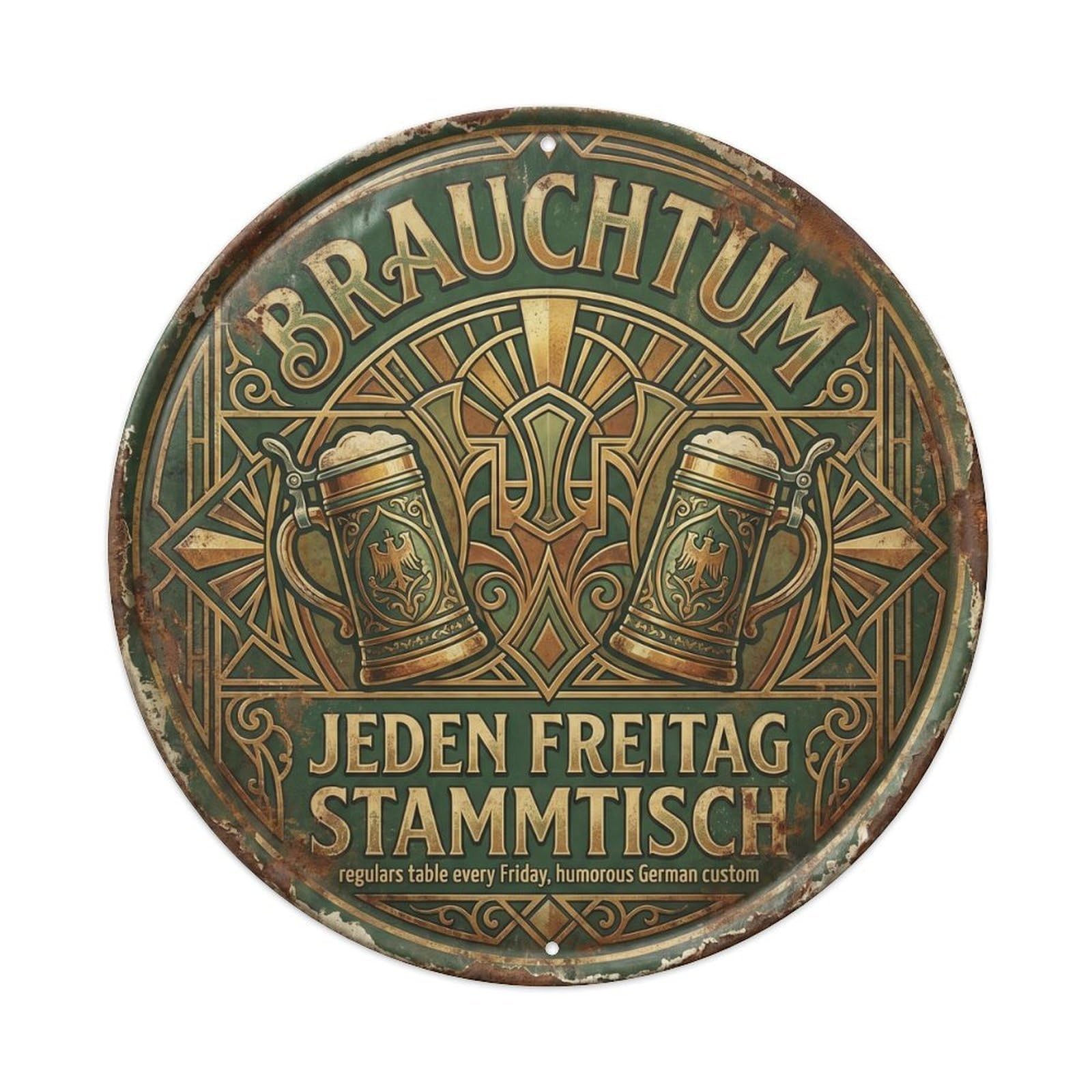 Vintage Bar Style Brauchtum Humorous Gathering Custom Metal Tin Sign Plaque Wall Decor for Cafe, Club, Garden Round Metal Poster 8x8Inch