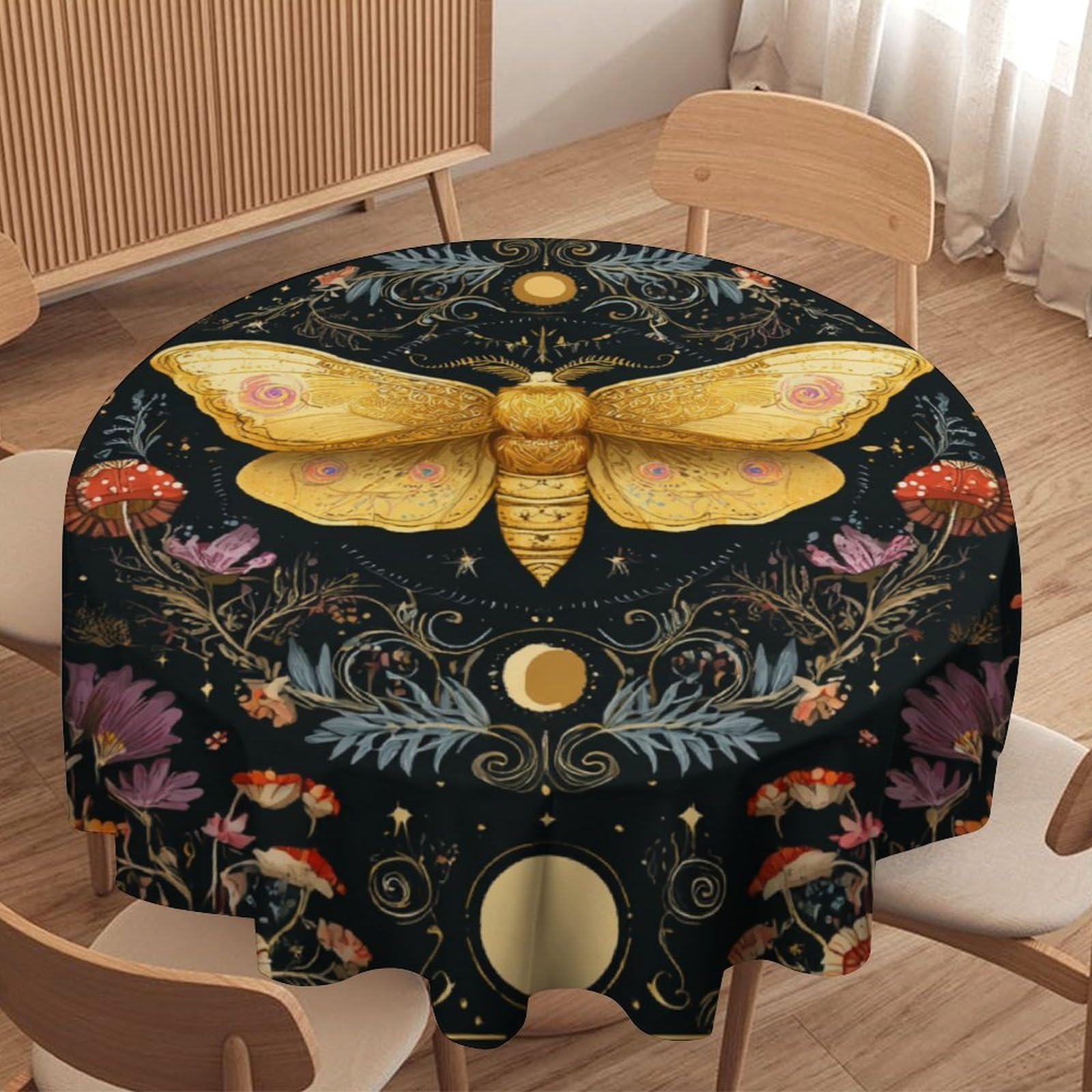 LUYYSKY Classic Modern Boho Mushroom Waterproof Round Tablecloth Mid Century Retro Moon Phase Animal Butterflies Flowers Print Washable Table Cover for Kitchen-127 Wx127 L cm