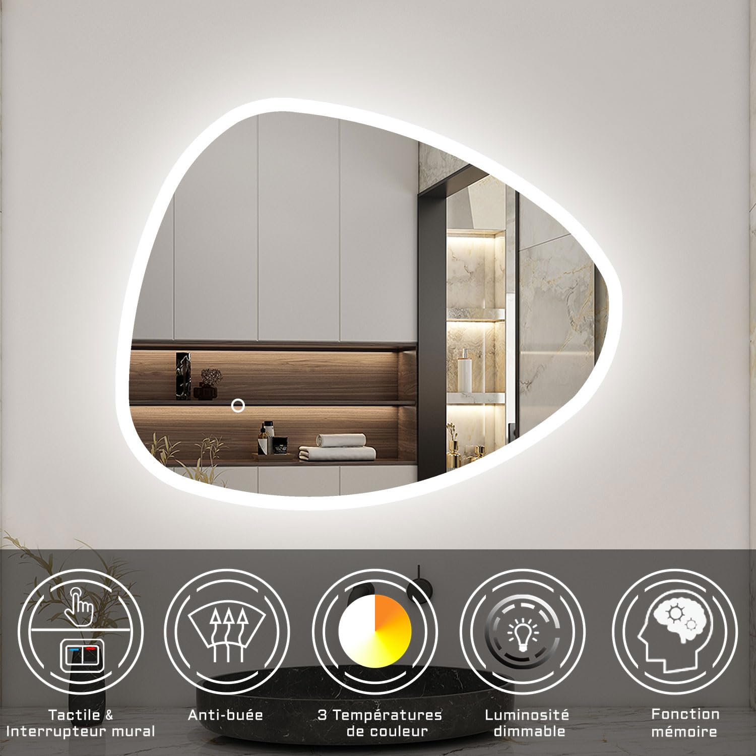 AICA Miroir Salle de Bain 100x80cm, Miroir Lumineux avec 3 Couleurs + Dimmable + Anti-buée,Miroir Mural Interrupteur Tactile Étanche