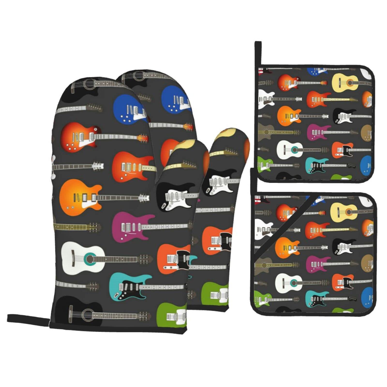 Color Acoustic and Guitars Oven Mitt and Pot Holder 4-Piece Set for Kitchen, Outdoor Grill, Baking