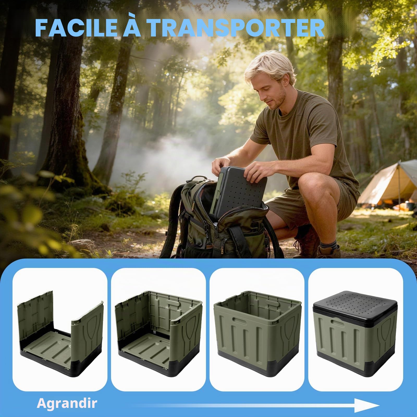 Huracan Toilettes de camping pliables, toilettes mobiles portables jusqu'à 200 kg, hauteur d'assise compacte de 34,5 cm, avec sac de rangement et sacs poubelles, toilette de voyage pour camping