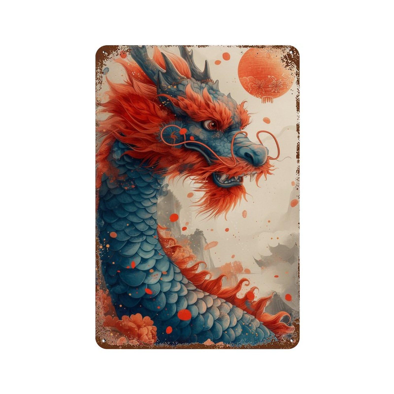 Chinese Dragon Art Print Distressed Metal Wall Sign 11.8"x7.9", for Garage, Bar And Workshop Decor, Decorative Metal Wall Art