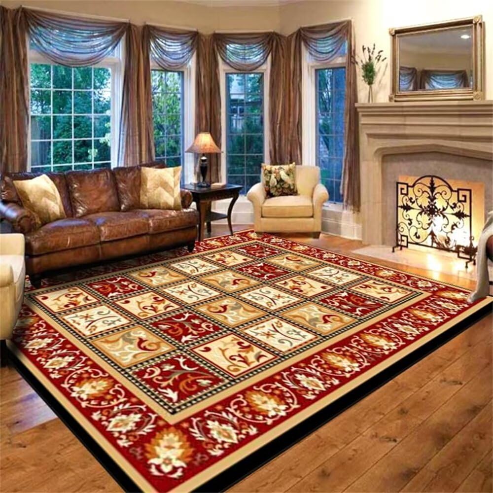 Tapis rouge 50x70 cm style floral classique, accessoire déco confortable pour cuisine et chambre