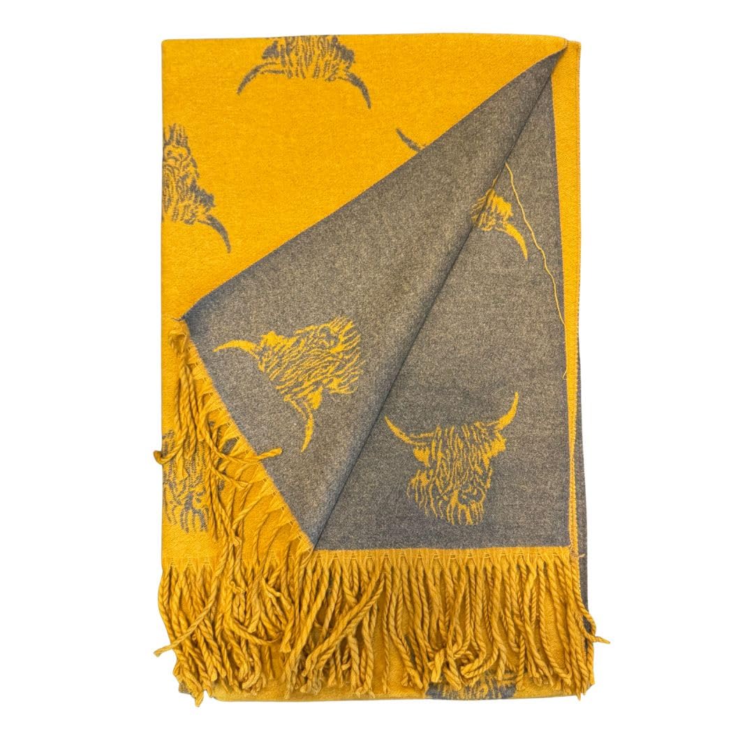 Love Emvy Women's Grey Cashmere Highand Cow Blanket Scarf – Reversible Winter Shawl, Oversized Pashmina Wrap, Warm Chunky Knit Scarf For – 180 × 65 Cm (Mustard)