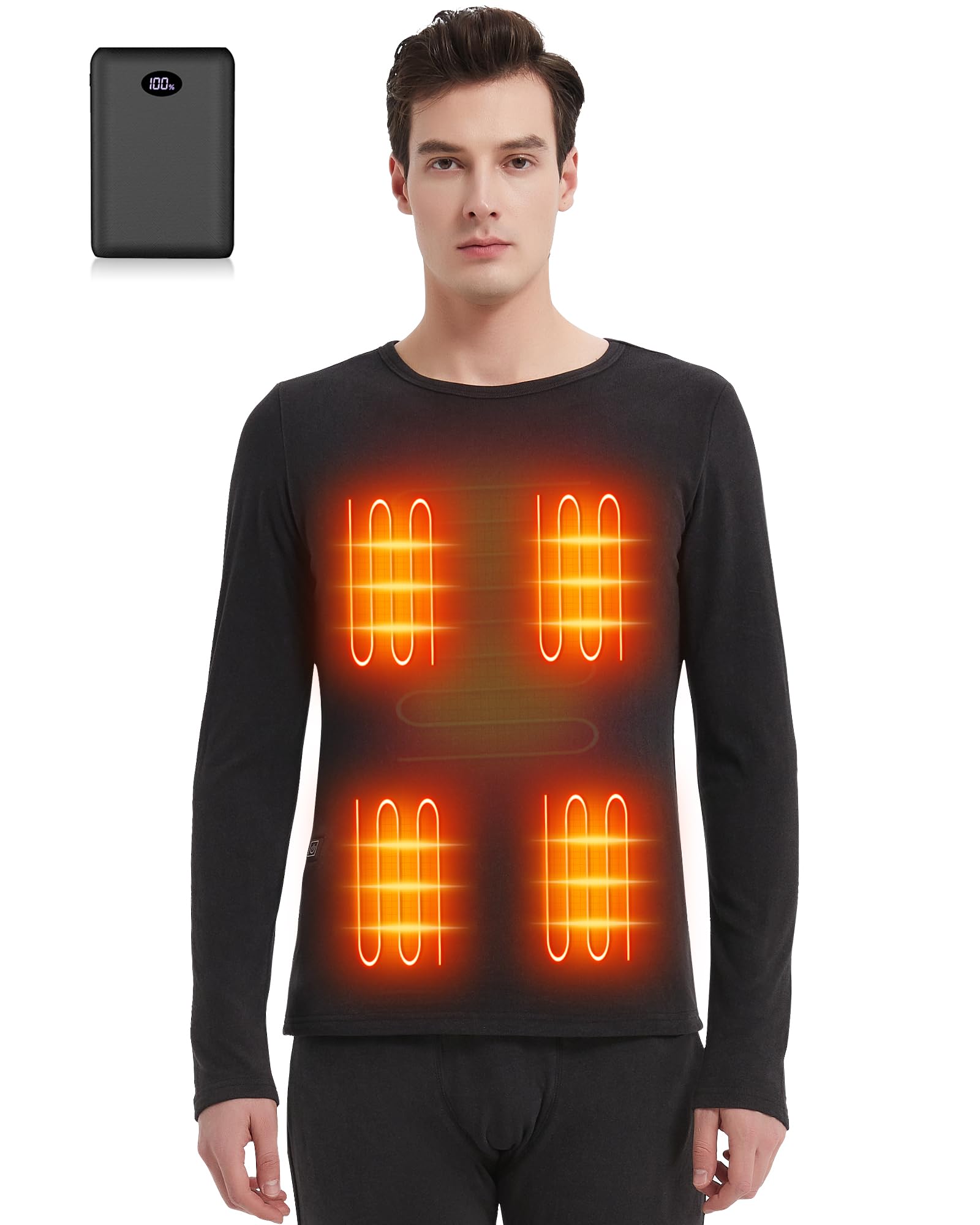 T-shirt chauffant à manches longues pour homme avec Power Bank Poids moyen Sous-vêtements thermiques chauffants Hauts Sous-vêtement thermique électrique Couche de base