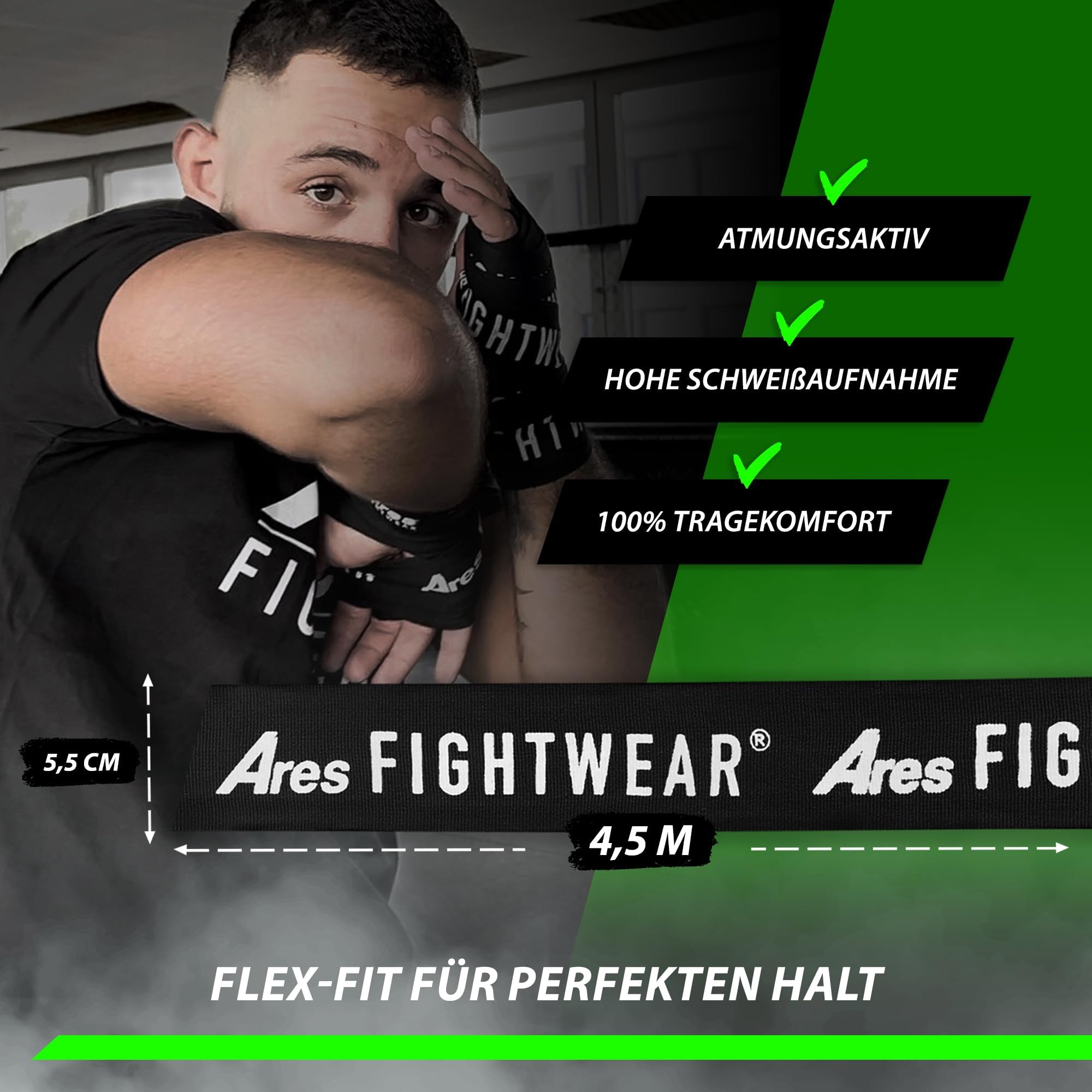 Set di 2 fasce professionali [4,5 m] con rete per la biancheria, massima protezione e tenuta salda, grazie al materiale Flex-Fit I bende da boxe per combattimenti sicuri, per uomini e