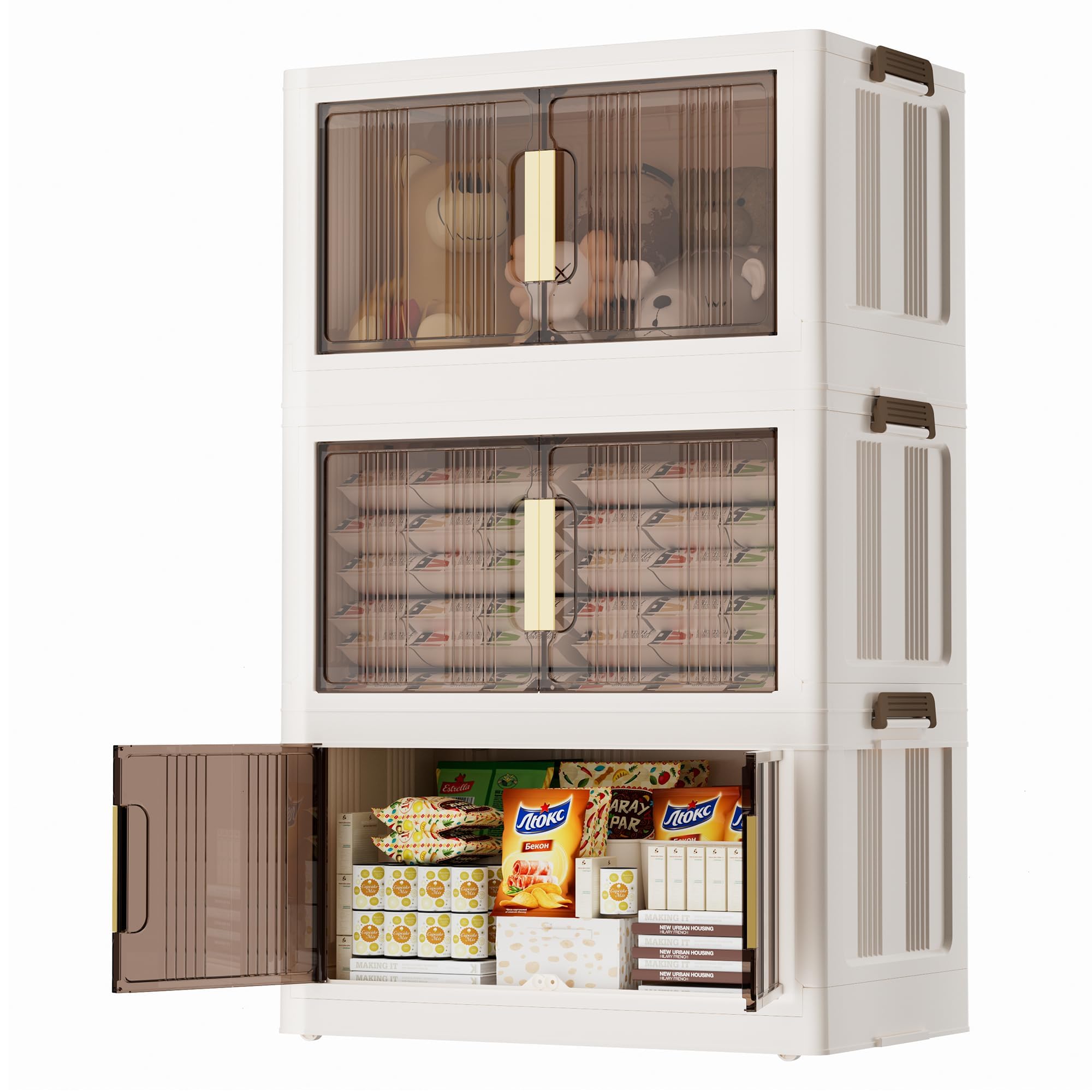 Caja de almacenamiento con tapa, 180 l, grande, apilable, caja de plástico con tapa, 3 niveles y 1 tapa, contenedor de almacenamiento plegable para dormitorio, salón, cocina y oficina