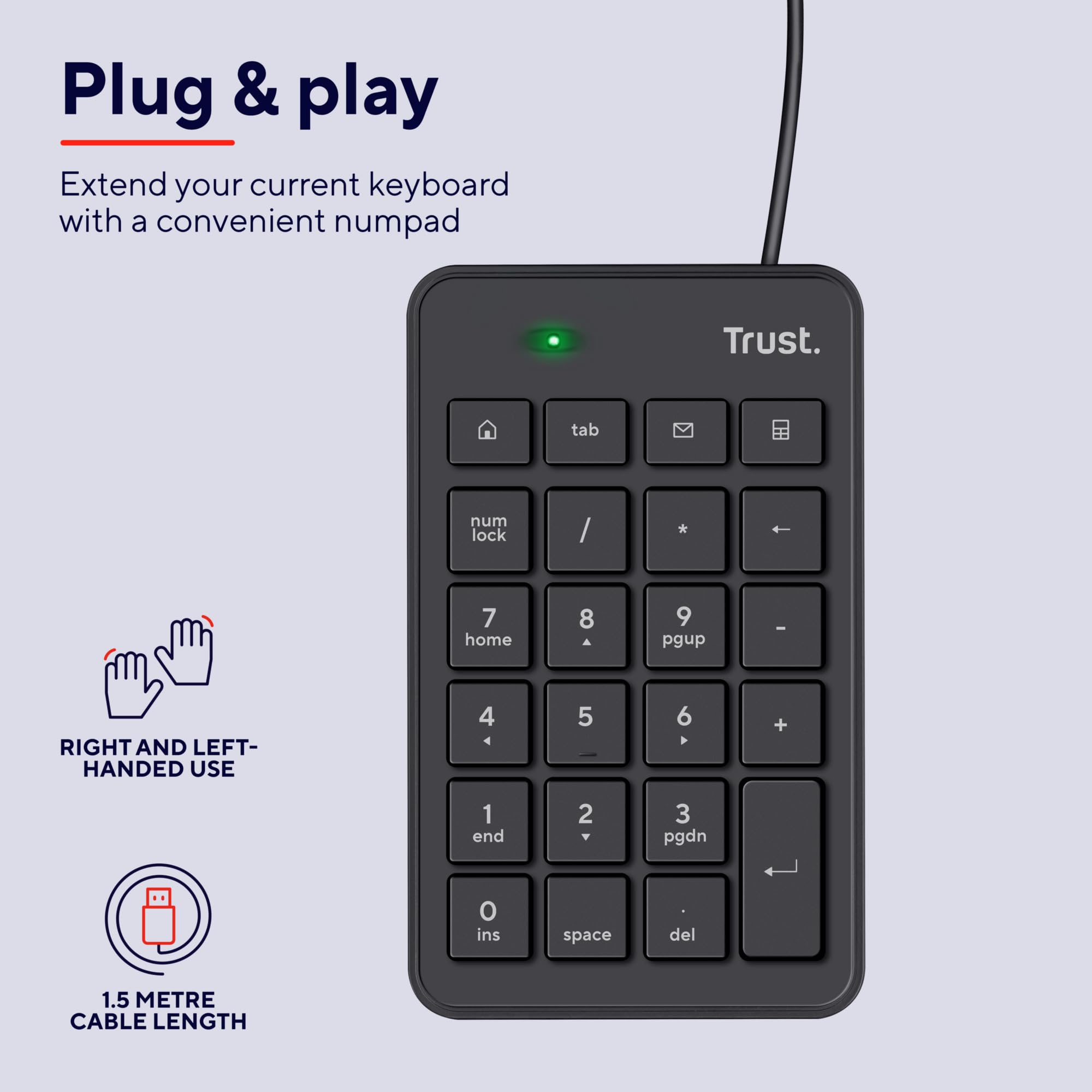 Trust Xalas Tastierino Numerico USB per Laptop e PC Desktop, Mini Tastiera Sottile con Filo, Cavo da 1,5 m, 5 Tasti in Più, Numpad Portatile Calcolo per Finanziaria Notebook Computer, Nero