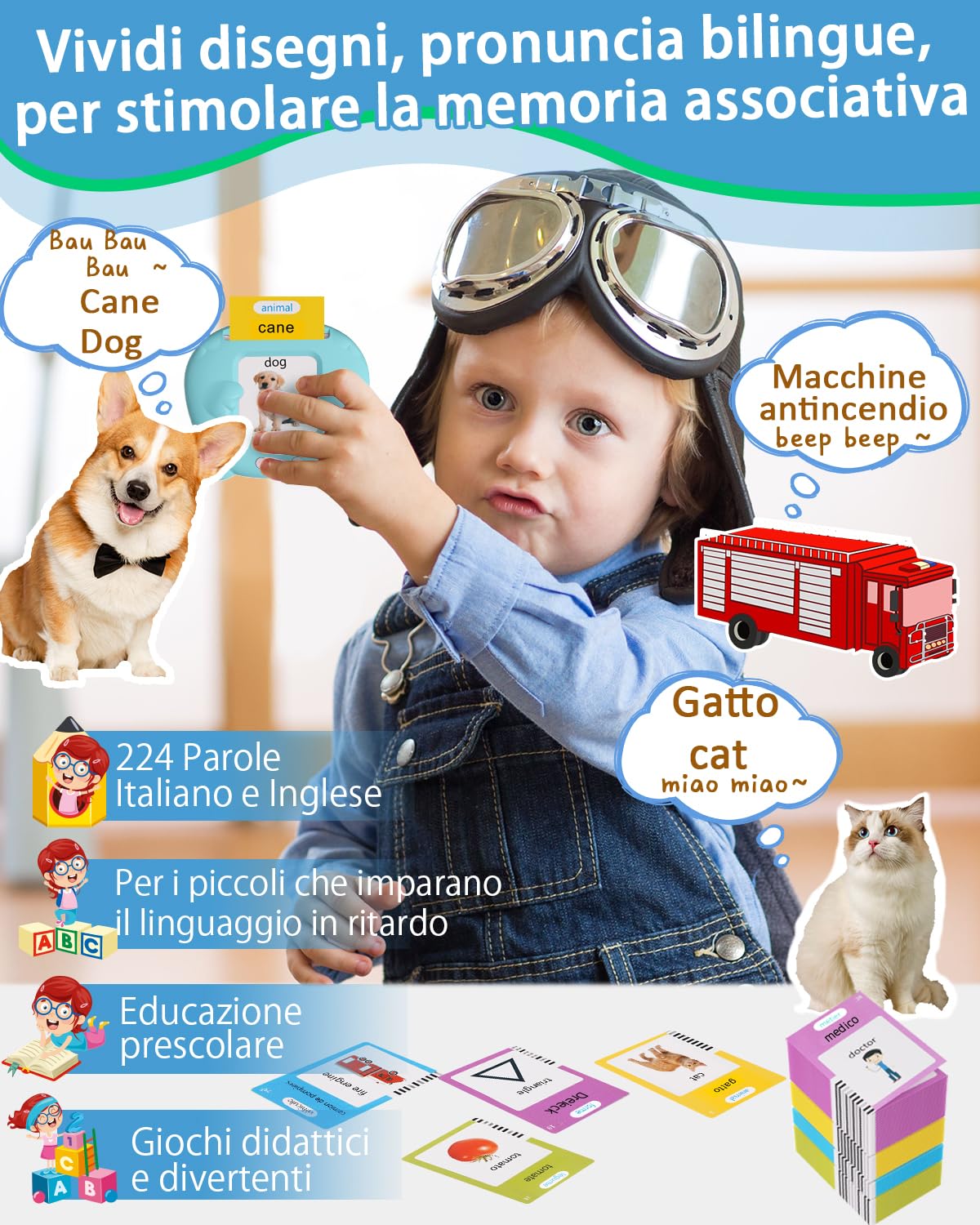 Winnrok Carte Parlanti Montessori Bilingue, Flashcards Bambini Italiano, Amico Vocabolo Gioco, Giochi Montessori Bambini 2 Anni, Imparare Parlare Numero Animali, Autismo e Logopedia Blu