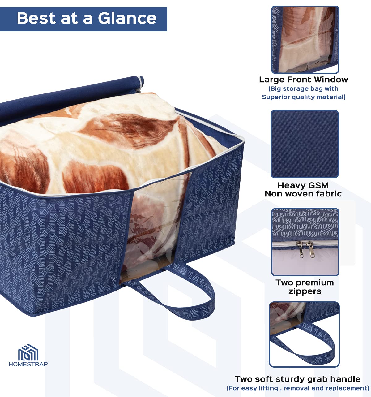 HomeStrap Printed Underbed Storage Bag/Organizer/Blanket Cover with Front Handle (Navy Blue, Pack of 6) 2
