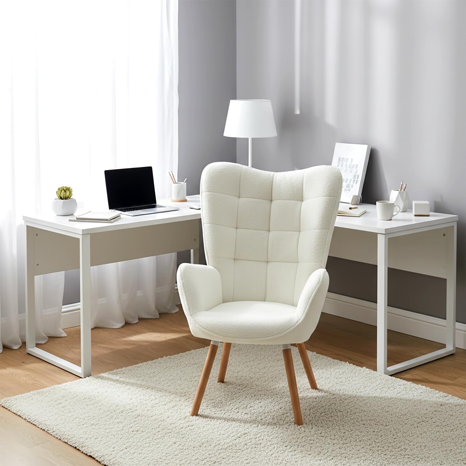MEUBLE COSY Sedia da Ufficio Scandinava con Braccioli, Poltrona da Scrivania Ergonomica Imbottita in Tessuto Bouclé, Sedia da Lavoro Comoda per Studio, Home Office, Beige