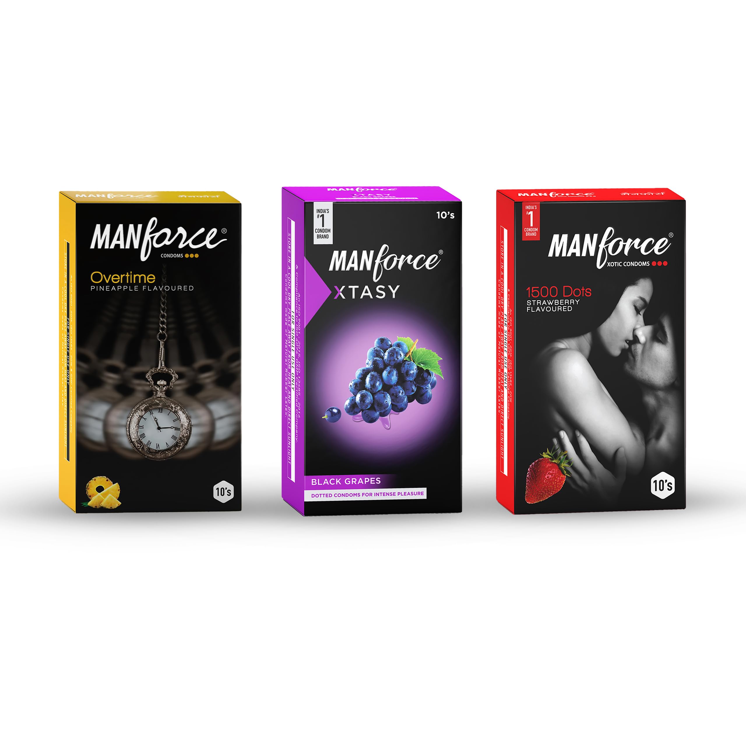 Manforce Overtime Pineapple, Litchi and Grape Flavoured Condoms 30 Pieces (Pack of 3)