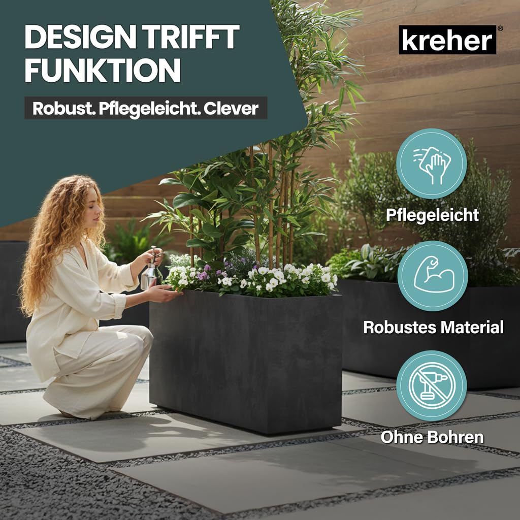 Kreher® XXL Sichtschutz Pflanzkasten hoch 93L - 98x38,5x62 cm - doppelwandig & rollbar, mit Entwässerungsstopfen - wetterfest - Naturstein Optik (3, Anthrazit)