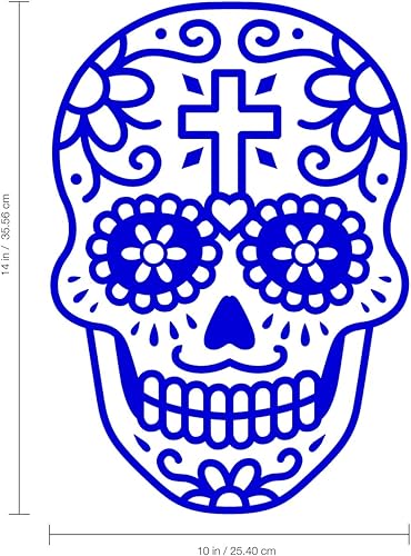 Miniatura 3 de Calcomanía de vinilo para pared, calavera del día de los muertos con cruz, 14 x 10 pulgadas, calcomanía de temporada mexicana de calavera de azúcar,