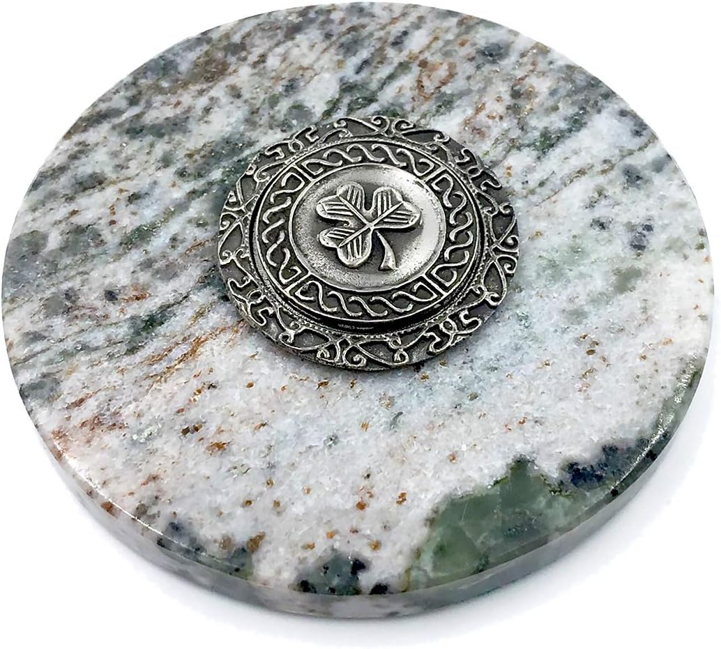 Irish Connemara Marble and 2 Piece Pewter Shamrock Paperweight