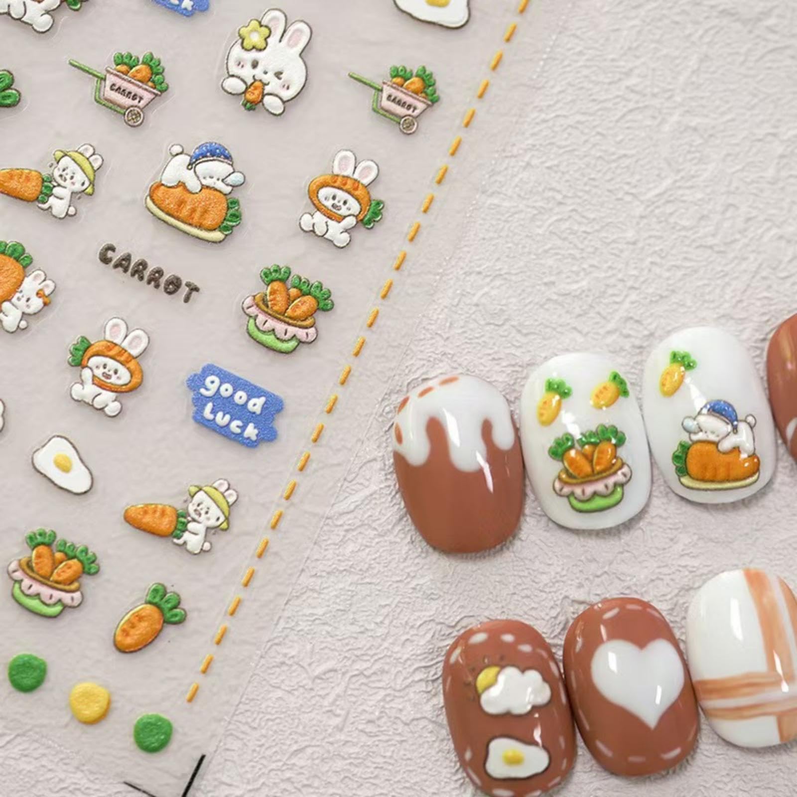 Rabbit Nail Art Stickers 5D Embossed Nail Decals Carrot with Design Cute Cartoon Nail Stickers for Nails Art Manicure Supplies Charm for Women Nails