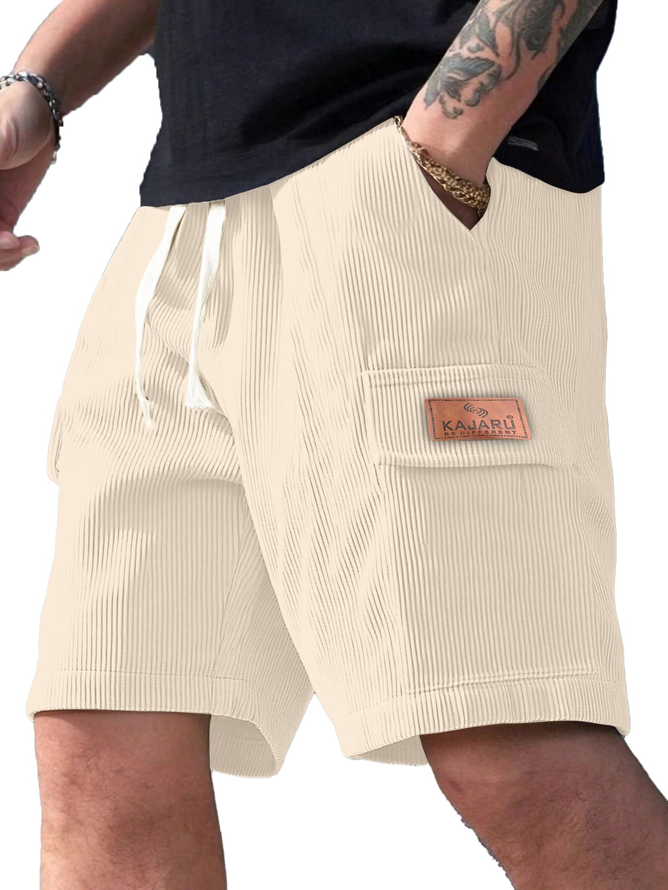 KAJARU Men's Ribbed Cotton Shorts with Two Pockets Regular Fit Solid Pattern Mid Rise Style and Above Knee Length-picture-13
