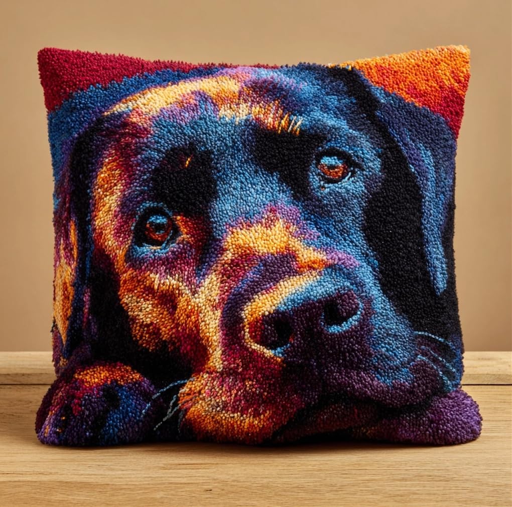 Taxpy Latch Hook Kit, Labrador Animal Latch Hook Pillow Kits for Adults Crochet Yarn Cushion Pre-Printed Needlework Handcraft 17X17 Inch