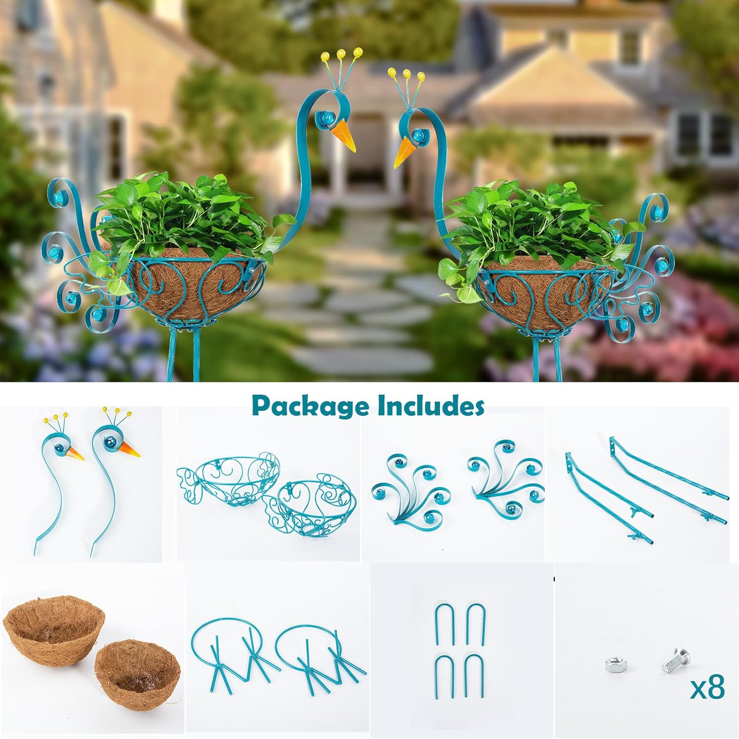 Set of 2 Blue Peacock Outdoor Planters with Basket, Metal Peacock Planter for Indoor Outdoor Garden Yard Decor
