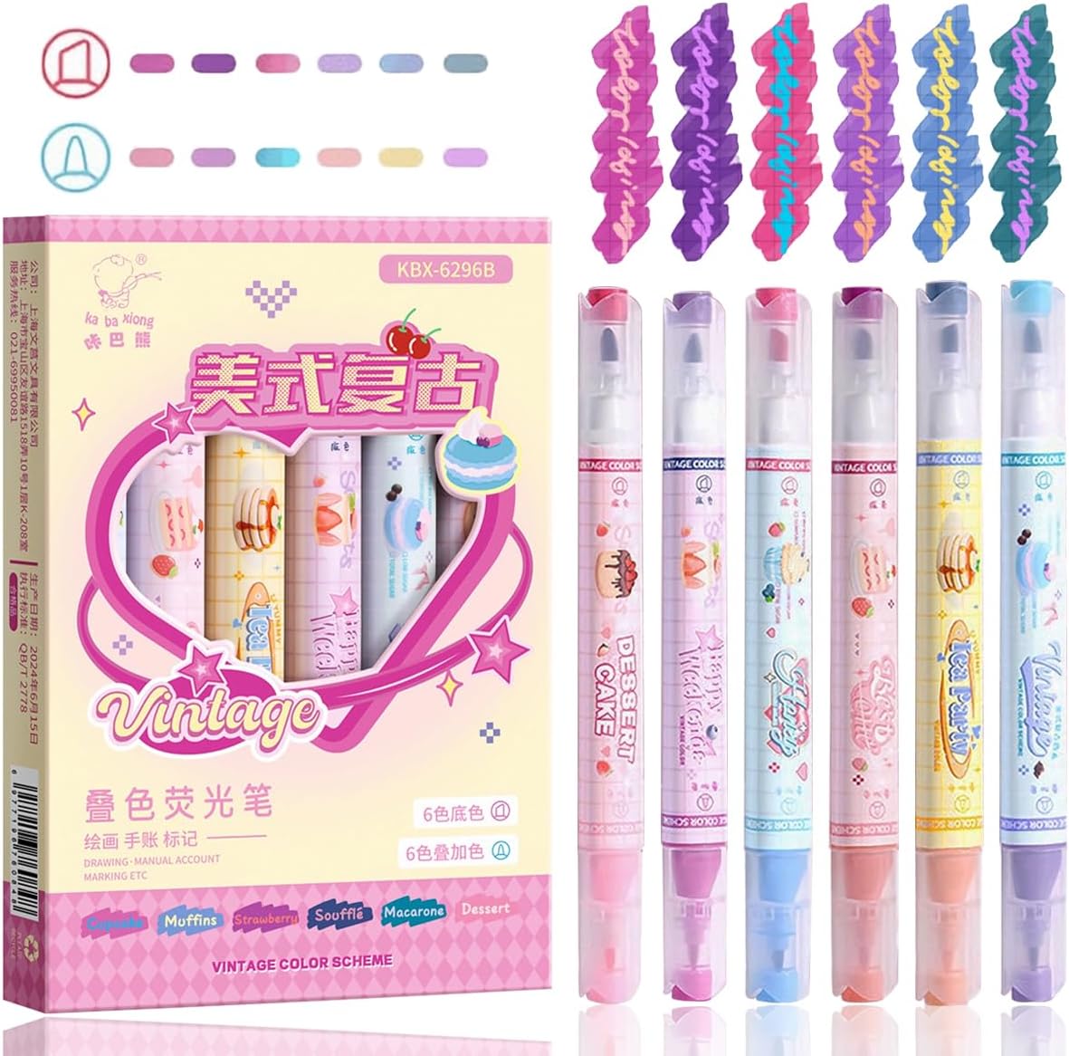 Aesthetic highlighters Cute Dual Tip 6 Sticks of 12 Colors Chisel and Fine Tips No Bleed bible highlighters Pastel acrylic Markers Set For School Office Journaling Art supplies (Vintage)