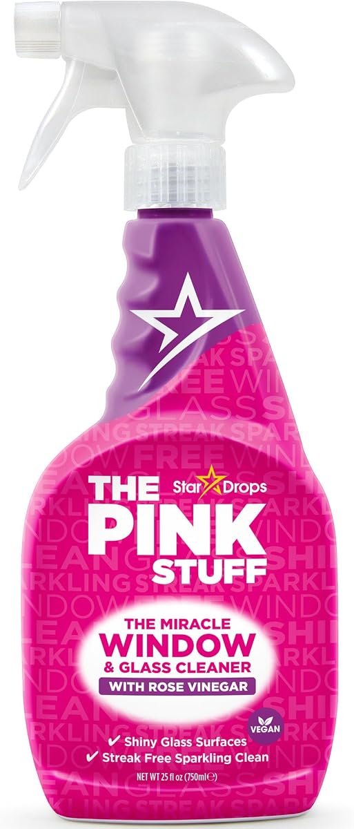 Limpiador milagroso para ventanas y cristales Stardrops de The Pink Stuff con spray de vinagre de rosas 750 ml 20759 | Brillo chispeante sin rayas, aroma fresco y limpio con vinagre de rosas.
