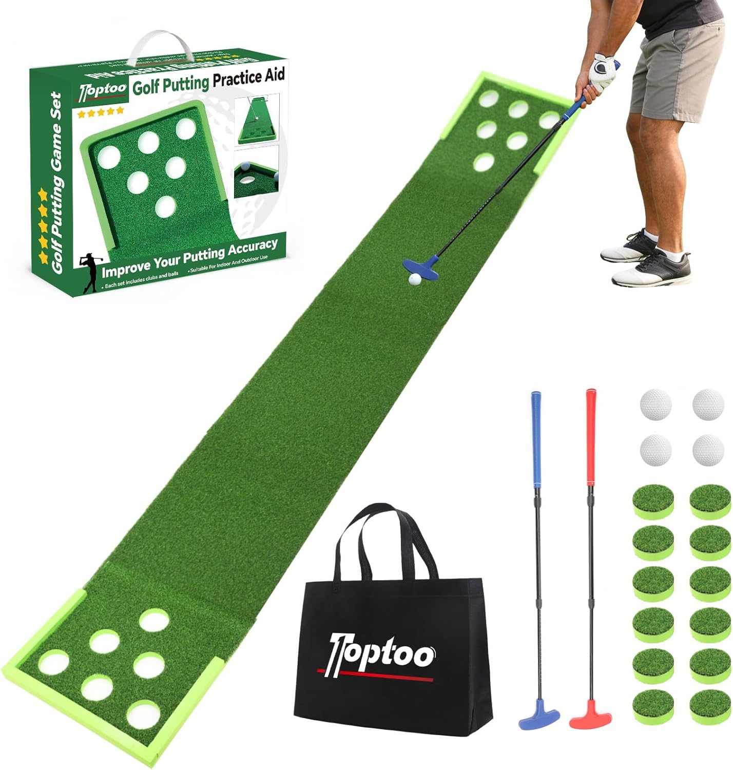 Golf Putting Mat with 2 Adjustable Putters, 4 Balls,1 Portable Bag - Portable Indoor & Outdoor 9.84ft Golf Putting Practice Green for Home Backyard, Office, Party Games(Width: 17.7 in)