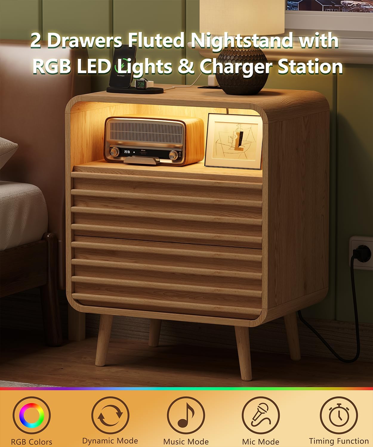 Fluted Nighstand with 2 Drawers & Charging Station, 22.4" Wide RGB Night Stand with Open Shelf, Modern Bedside Table with LED Lights, Wooden End Table for Bedroom, Curved Profile Design, Natural