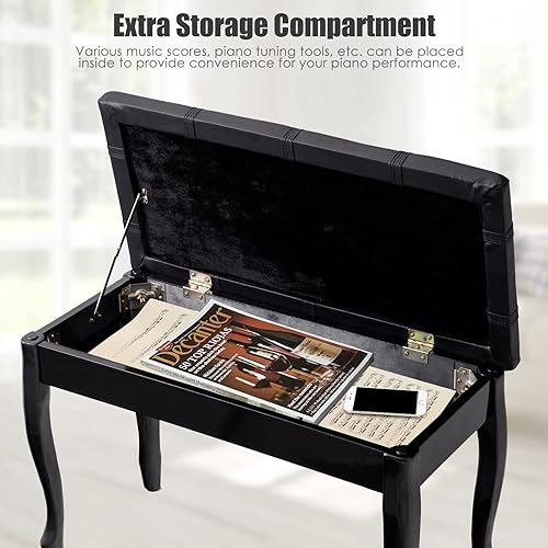Miniatura 6 de HAPPYGRILL Banco de piano con cojín acolchado de piel sintética, cómodo taburete de asiento doble con almacenamiento y pata de madera maciza