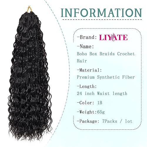 Miniatura 9 de Liyate Paquete de 7 trenzas de ganchillo bohemias de 18 pulgadas para mujer, paquete de 7 trenzas de ganchillo bohemias negras con extremos rizados,