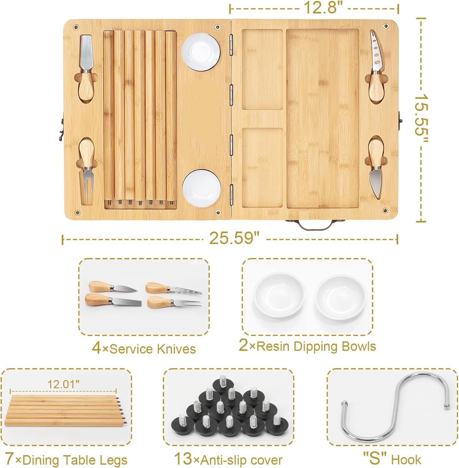 Tabla de charcutería extragrande, bandeja portátil plegable para servir queso, mesa pequeña, juego de cuchillos multiusos, adecuado para exteriores, aniversario de boda, Navidad, regalos de Acción de