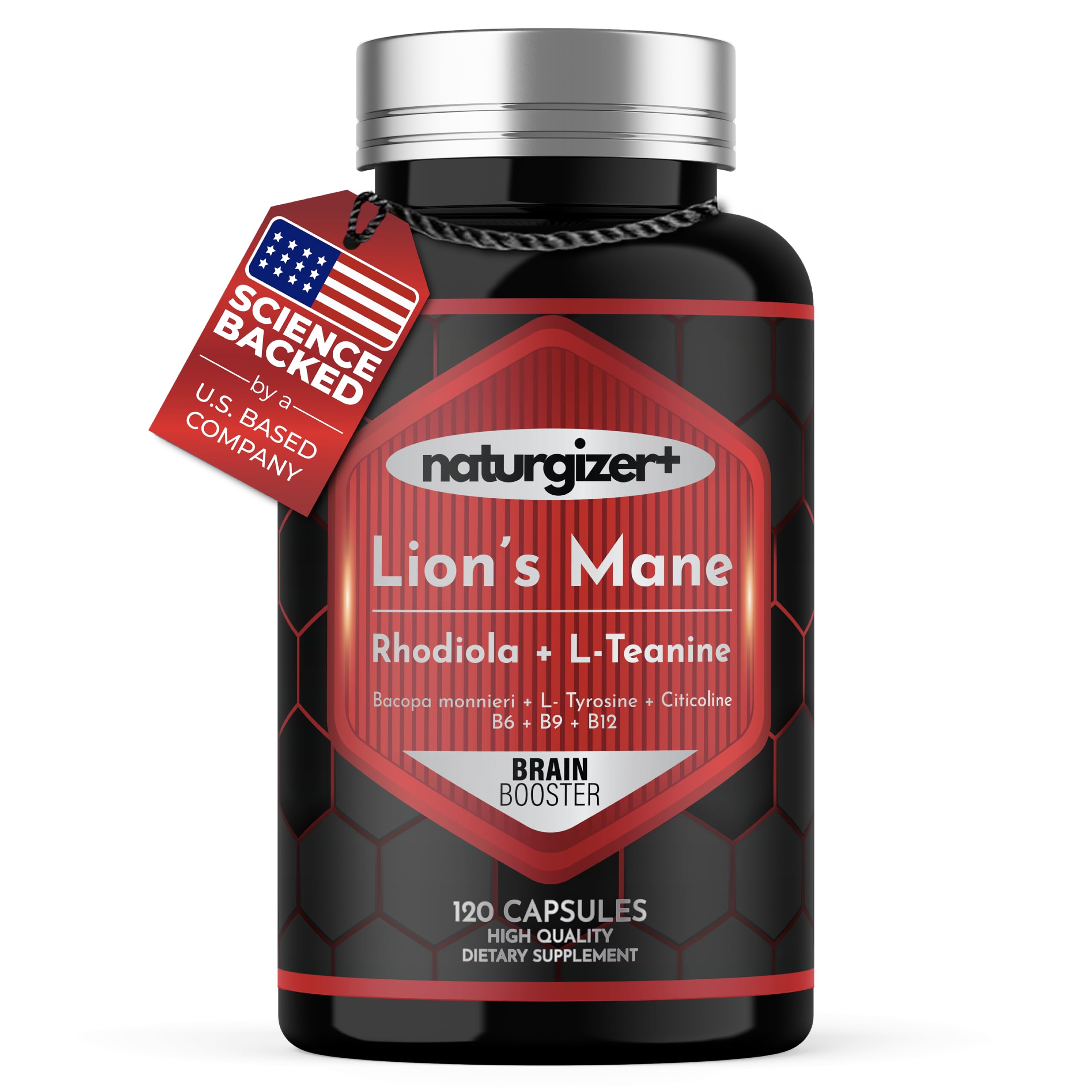 naturgizer+ Suplemento para Saúde Cerebral com Juba-de-leão, L-teanina, Bacopa, Citicolina, L-tirosina, Rhodiola e Vitaminas B, 120 cápsulas