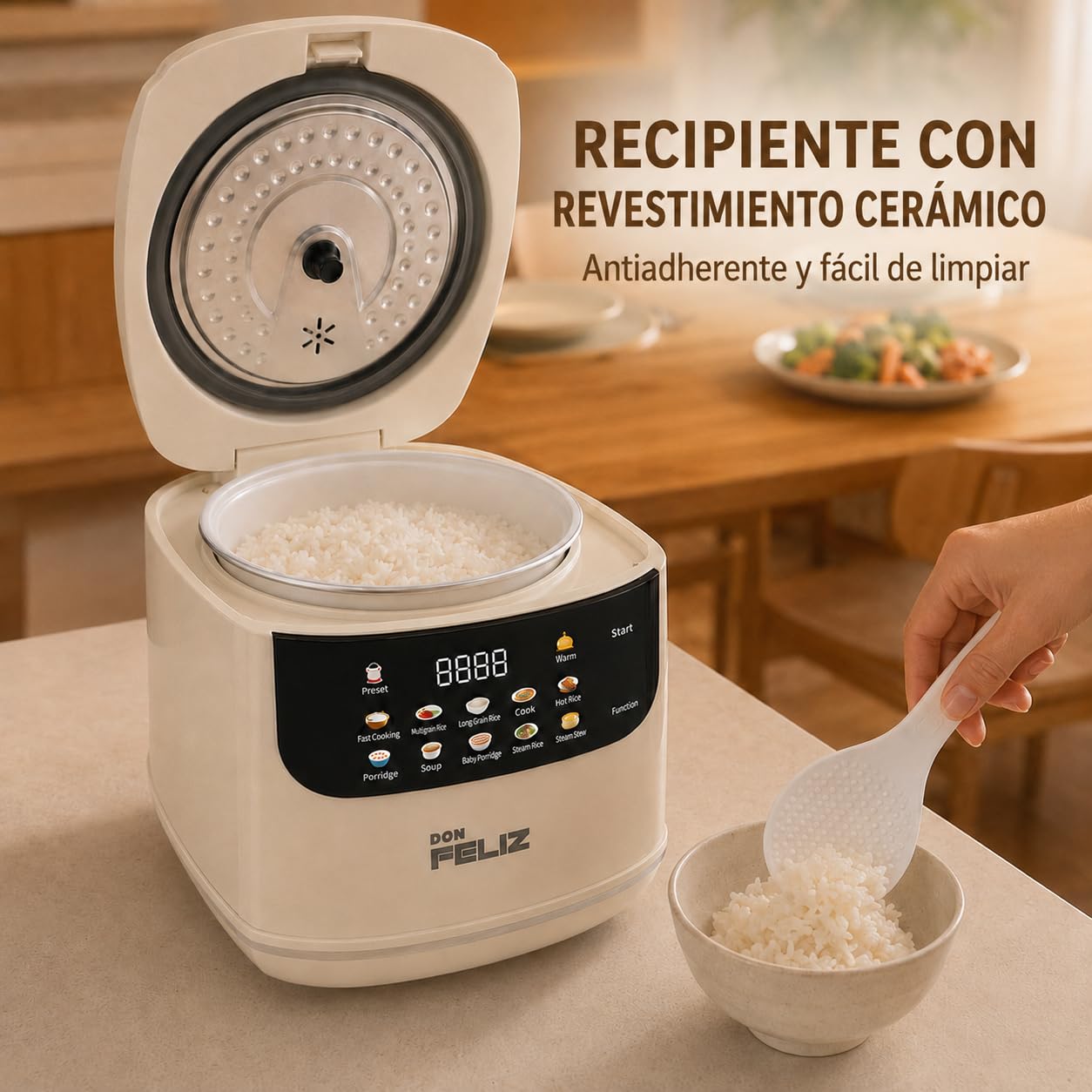 Don Feliz Arrocera Eléctrica 2 L para 1-4 Personas, Olla Arrocera Digital con 10 Programas, Cesta Vaporera, Temporizador 24 h, Mantener Caliente y Recipiente Antiadherente