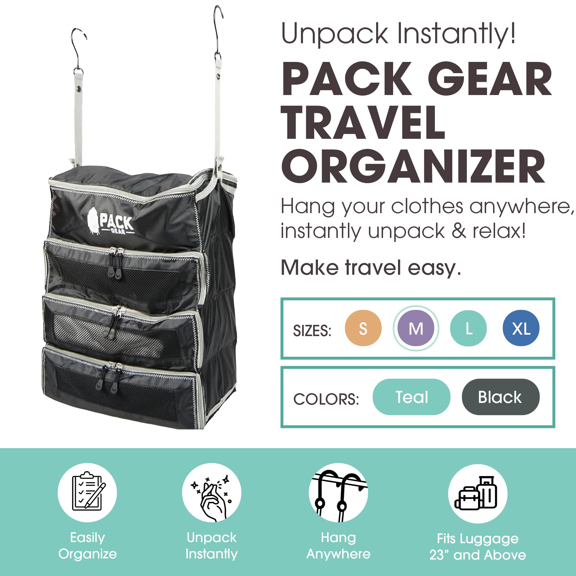 Pack Gear Wiszący organizer do bagażu podręcznego, dopasowany do każdej walizki kabinowej, kostki podróżne z siateczkowymi okienkami ułatwiającymi odnajdywanie ubrań, czarny, rozmiar M