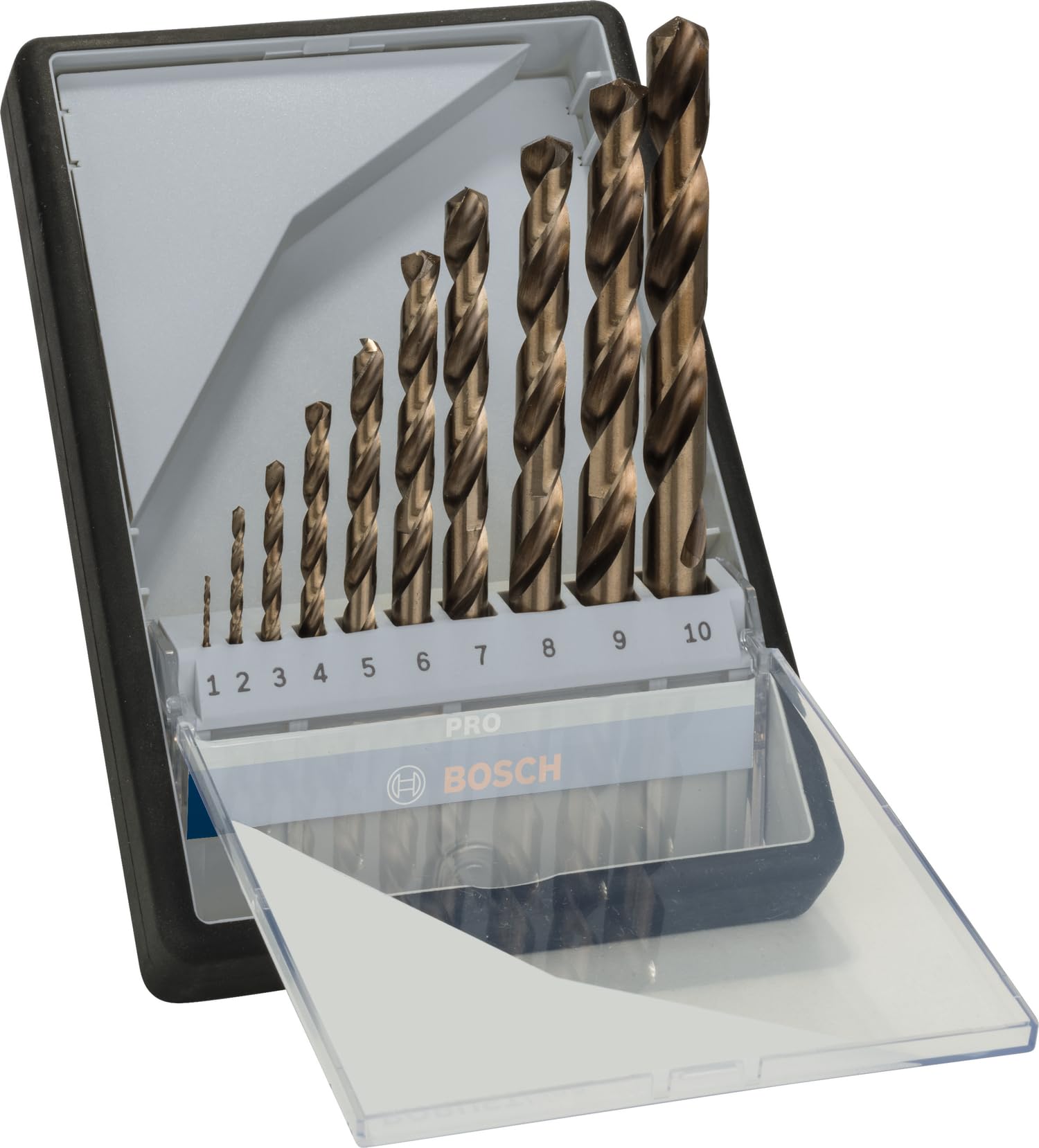 Bosch 10x PRO Stainless Steel HSS-Co Spiralbohrer-Set (für Stahl, Edelstahl, Ø 1,0, 2,0, 3,0, 4,0, 5,0, 6,0, 7,0, 8,0, 9,0, 10,0 mm, Professional Zubehör Bohrmaschine/Schrauber)