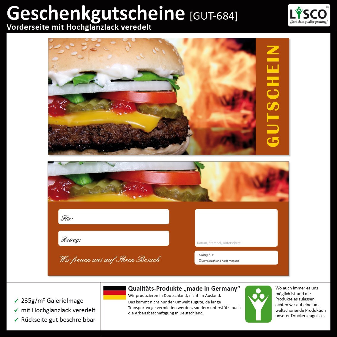 200 Stück Geschenkgutscheine (Hamburger-684) Gutscheine Gutscheinkarten für Gastronomie Bereiche wie Restaurant Gaststätte Lieferdienst