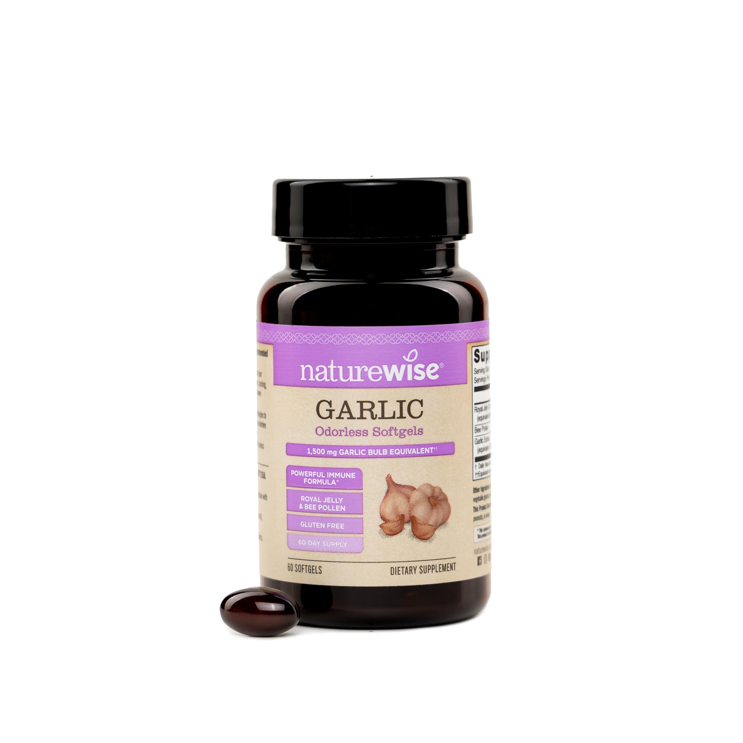 NatureWise Odorless Garlic Pills - with Royal Bee Jelly & Pollen - Herbal Supplement for Heart Health + Immune System + Antioxidants - Gluten Free, Non-GMO - 60
