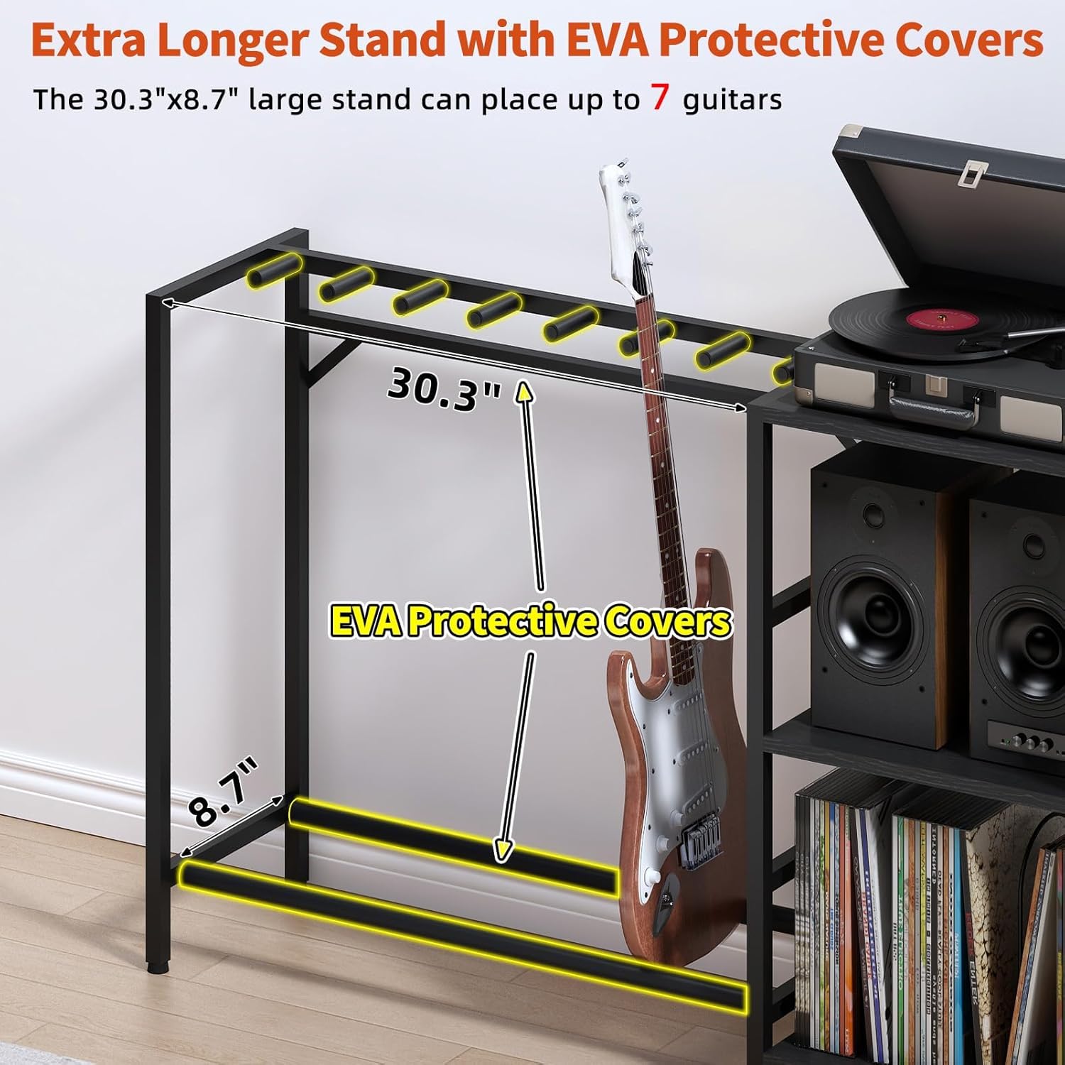 Guitar Stand with Record Player Stand, Guitar Rack with Record Player Table, Guitar Holder 7 Space for Multiple Guitars, Bass, Acoustic, Guitar Display for Home Music Studio, Black