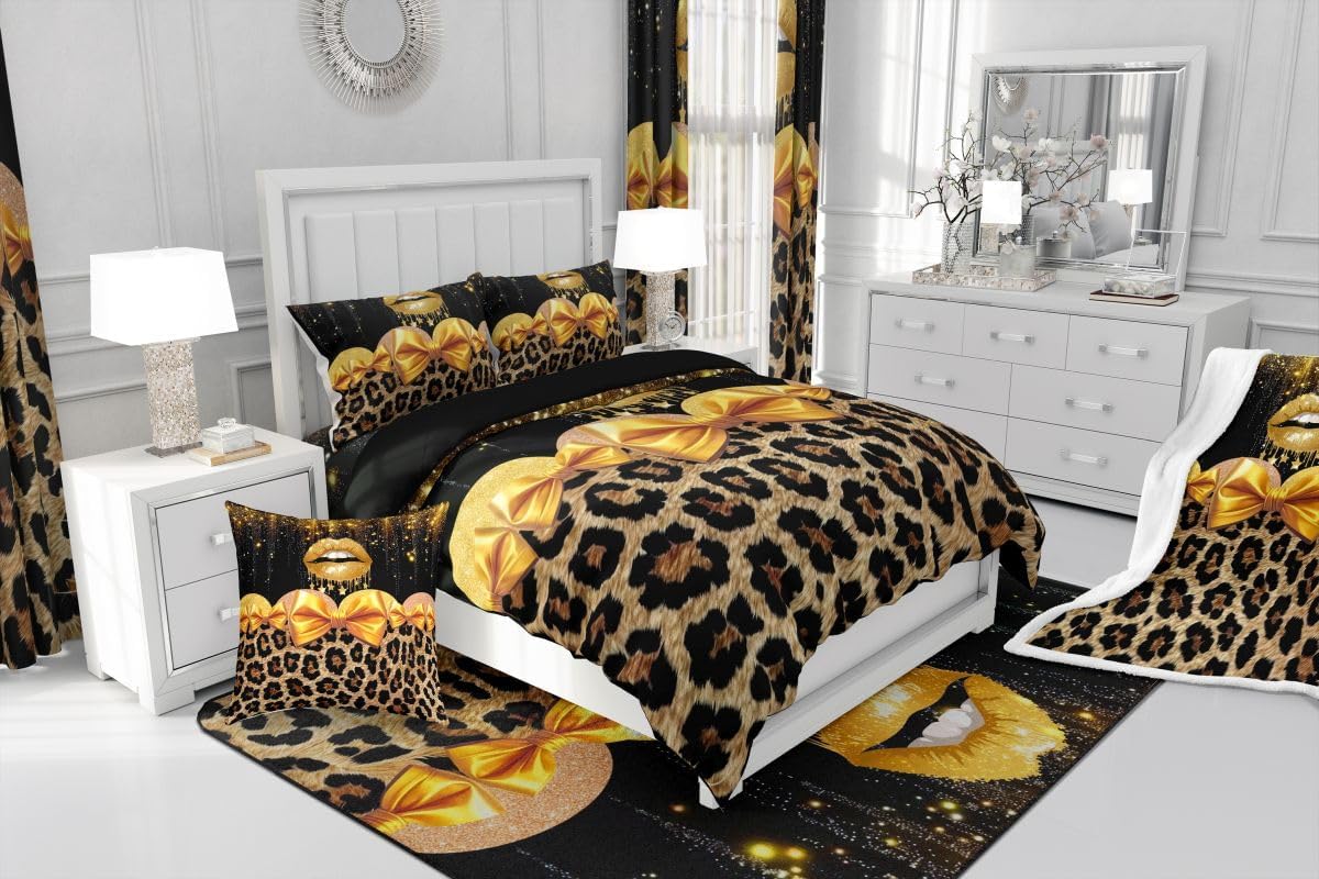 Manfei Lips Bowknot Bedspread Twin Size Bedding for Kids Teens Bedroom Leopard Print Decor Coverlet Set Wild Animals Fur Quilt Set for All Season,2 Pcs with 1 Pillowcase