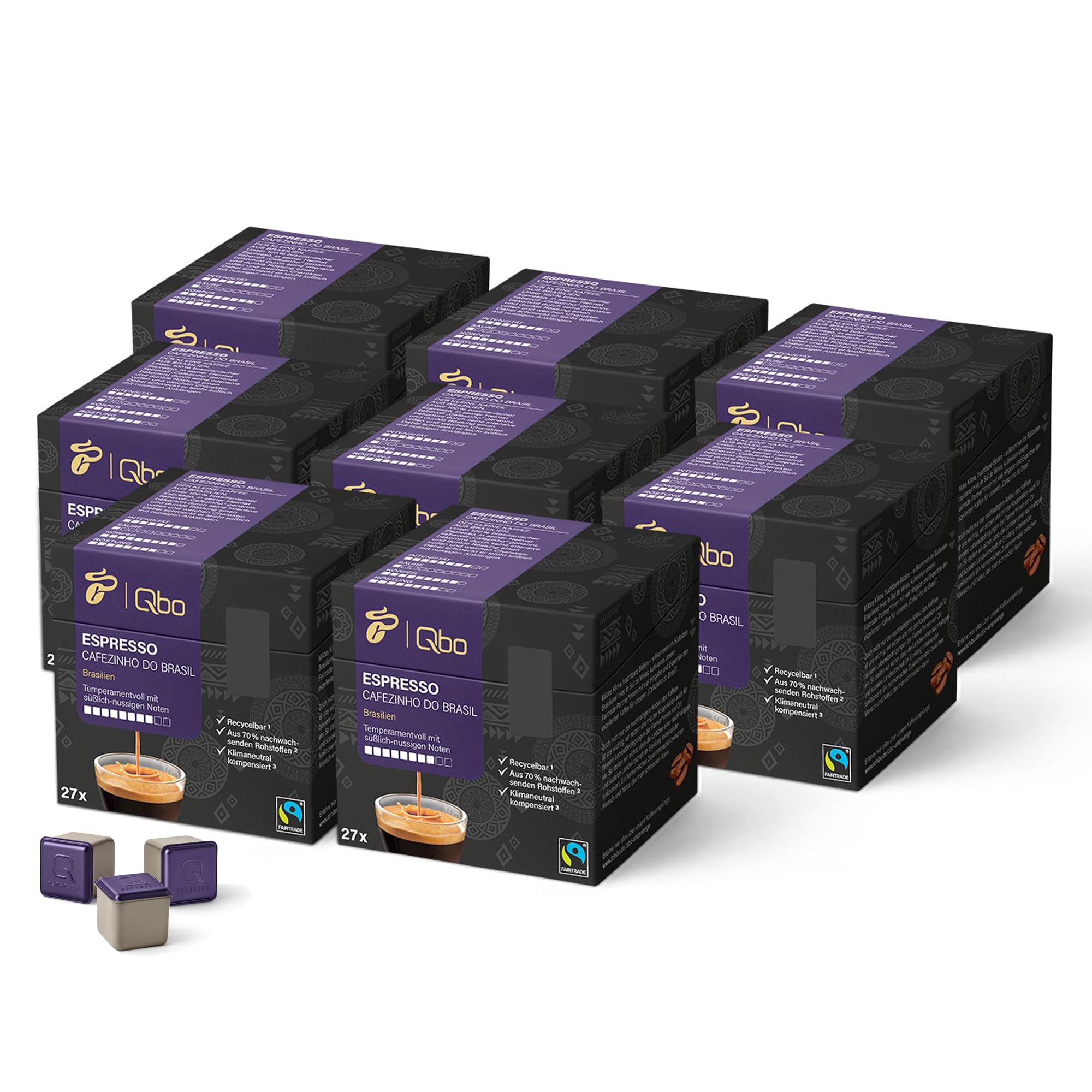 Tchibo Qbo Espresso Cafezinho do Brasil Premium Kaffeekapseln, 216 Stück – 8x27 Kapseln (Espresso, Intensität 8/10, temperamentvoll & nussig), nachhaltig, aus 70% nachwachsenden Rohstoffen