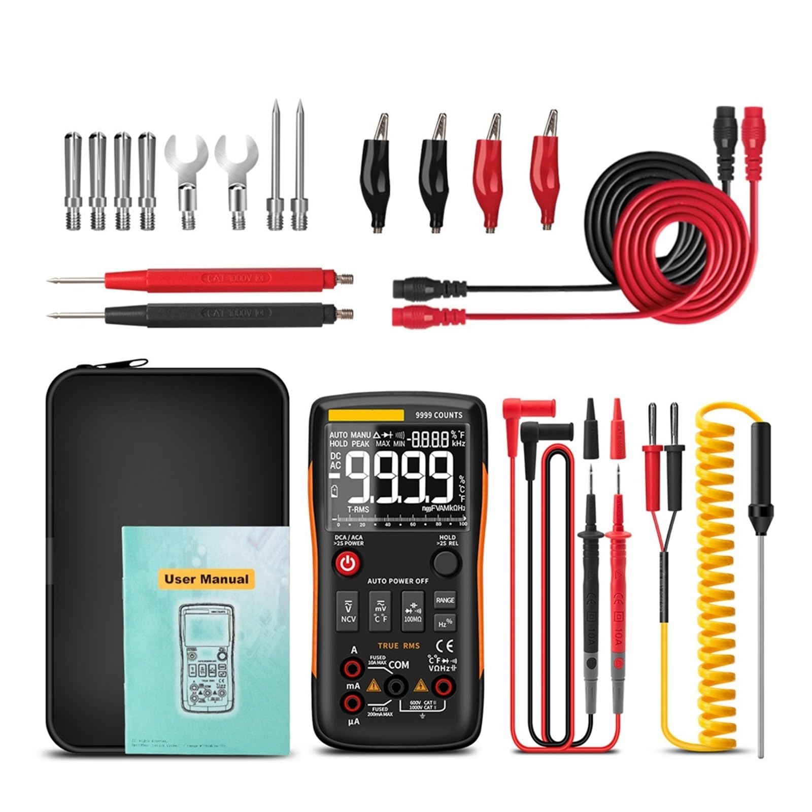 Multímetro Digital 9999 Cuenta Verdadero Condensador De Transistor Eléctrico Automotriz NCV Tester Medidor Prueba Profesional Lectura Rápida Precisa Sencilla(Q1 Orange pro)