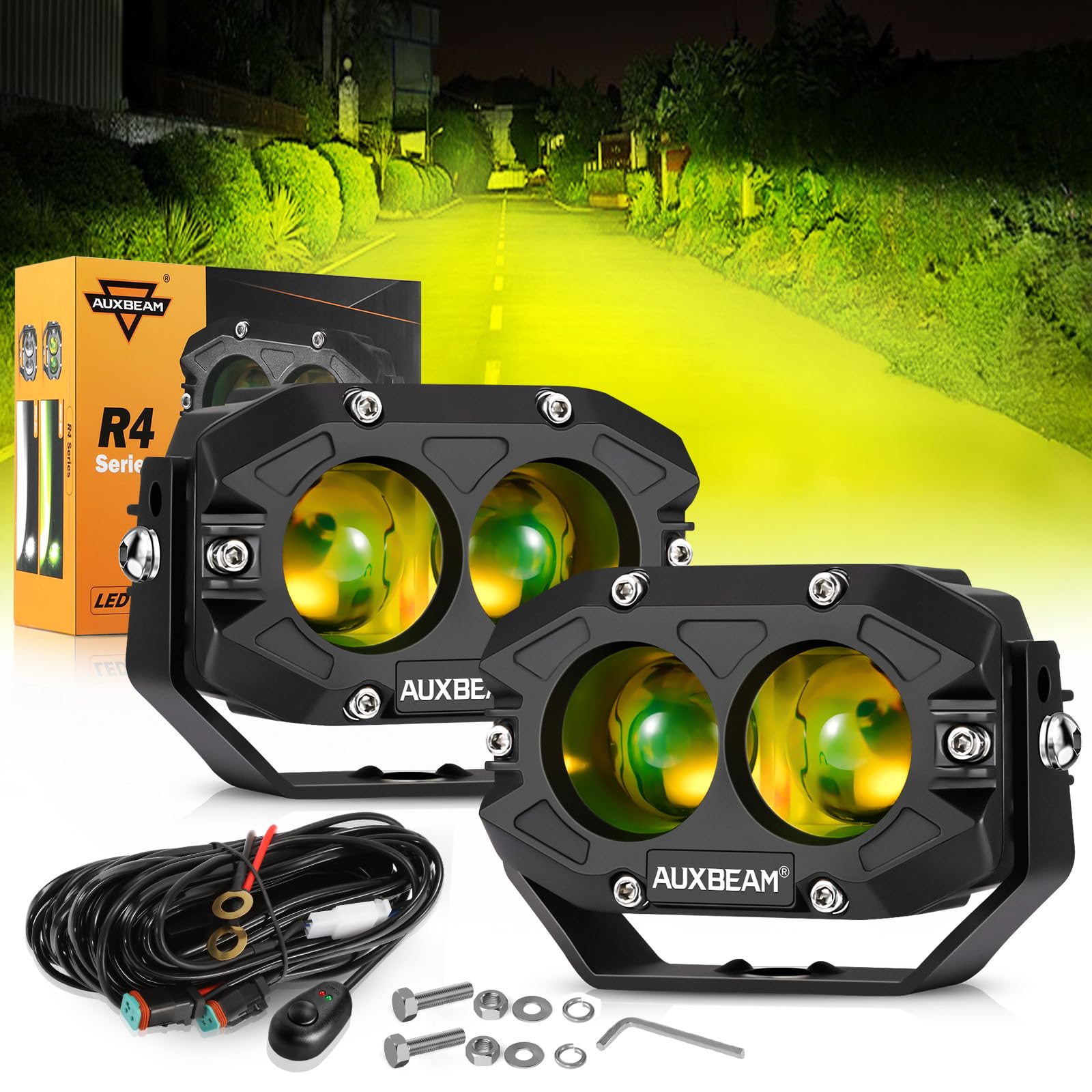 Auxbeam 4In 60W Amber Fog Lights, Amber Led Pods Super Bright Spot Beam Offroad Lights with Plug and Play Wiring Harness Kit for Truck SUV ATV UTV Jeep Wrangler Motorcycle