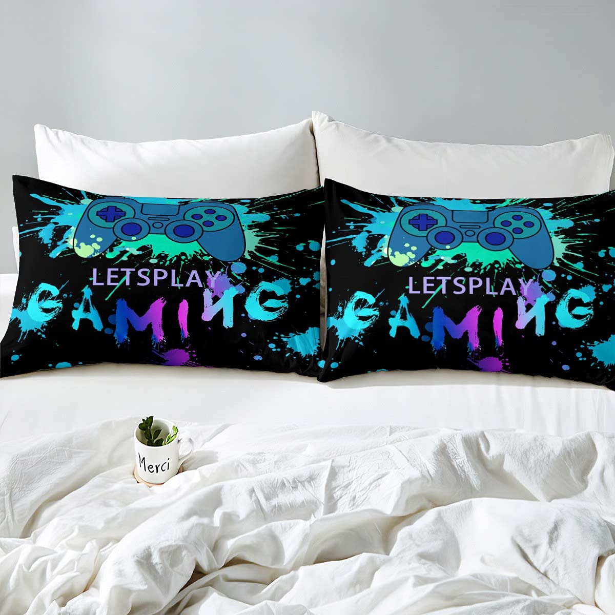 Juego de ropa de cama con botones modernos y coloridos para videojuegos, juego de ropa de cama y ropa de cama para niños, adolescentes, ropa de cama y ropa de cama Super King con 2 fundas de almohada