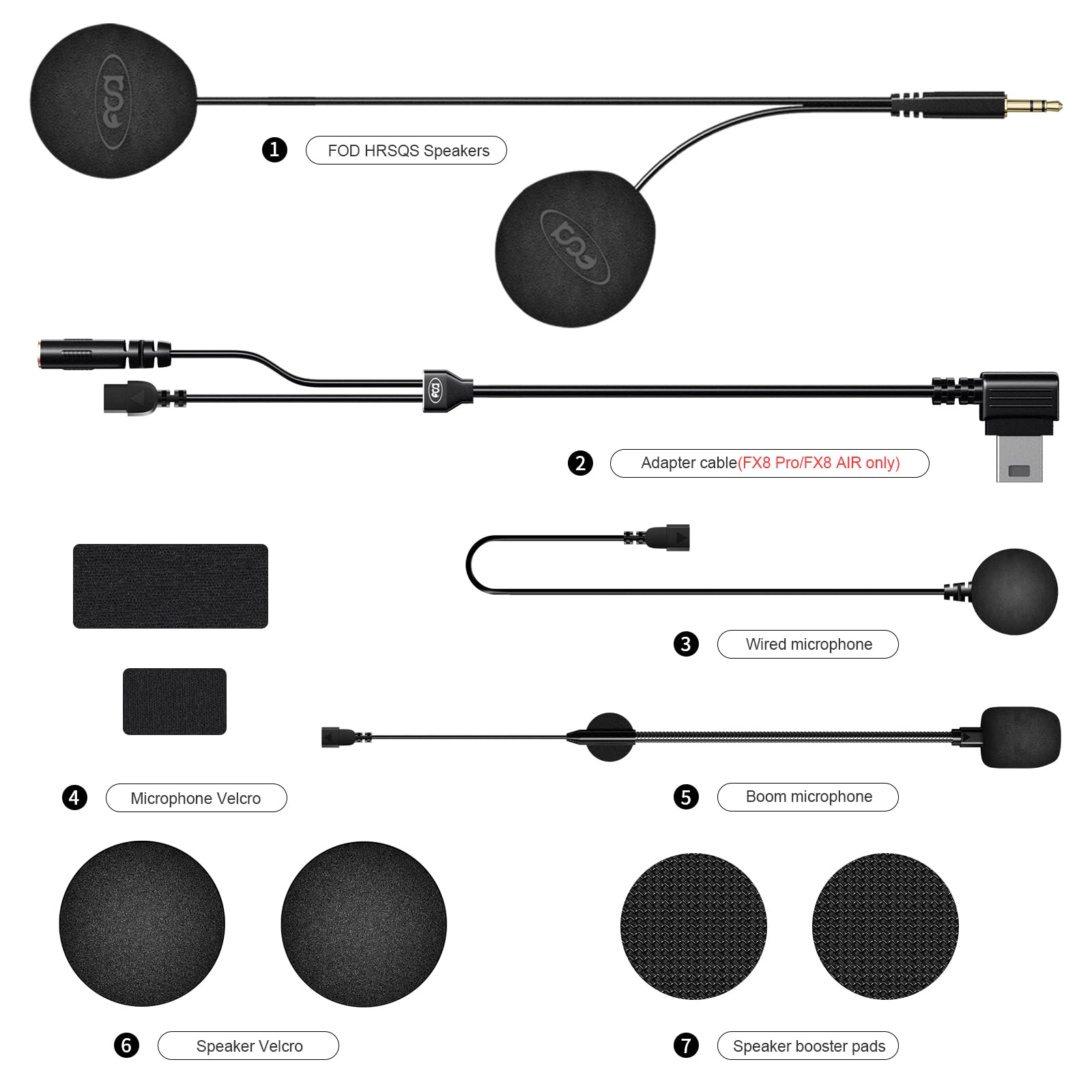 FODSPORTS Cable de auriculares para altavoces de alta resolución, solo para motocicletas FX8 PRO, kit de accesorios de intercomunicación Bluetooth (micrófono de brazo y micrófono de botón)
