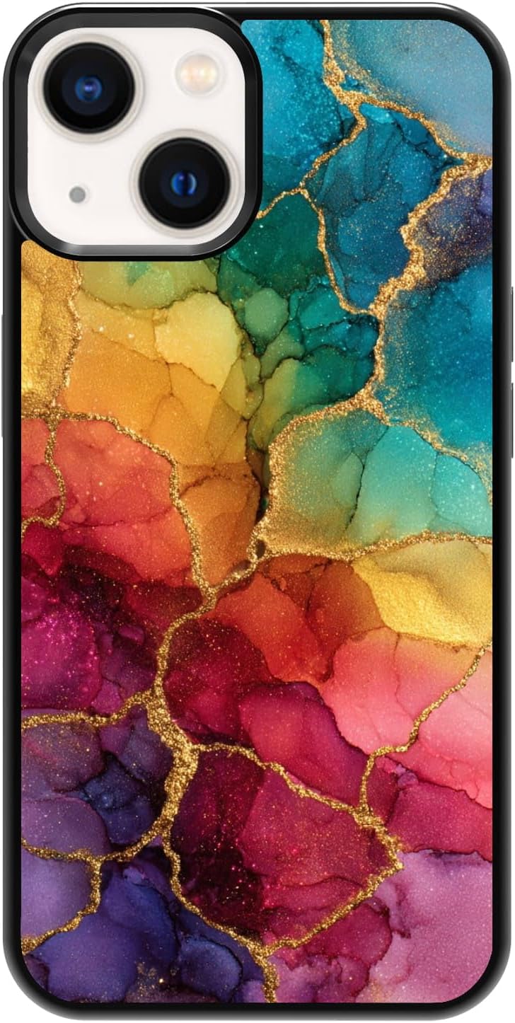 Vibrant Rainbow Marble Gold Vein Colorful Ink Art Phone Case, Shockproof Protective Cover for iPhone 11 12 13 14 15 16 17 Pro Max Plus Mini XR 7 8 SE