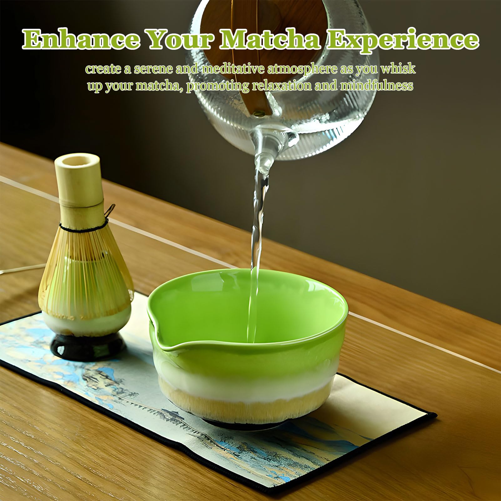 Juego de batidores Matcha de 5 piezas, cuenco Matcha con boquilla, batidor de bambú, soporte para batidor, cuchara para té, colador de polvo, para principiantes y amantes de la cultura del té