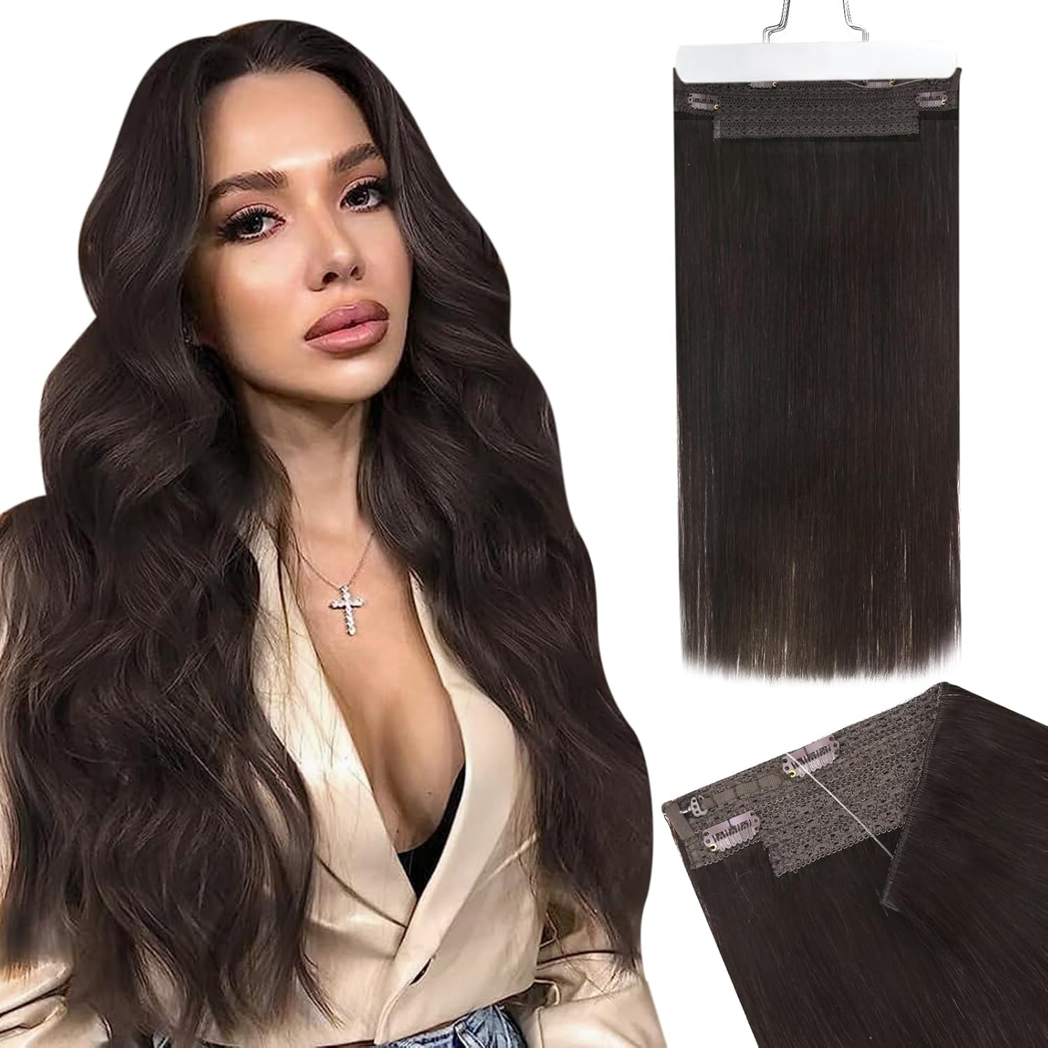 Ugeat Wire Hair Extensions Dark Brown Human Hair Clip ins Invisible Wire Real Human Hair Extensions #2 Hidden Wire Hair Extensions For Women One Piece 16 inch 80G