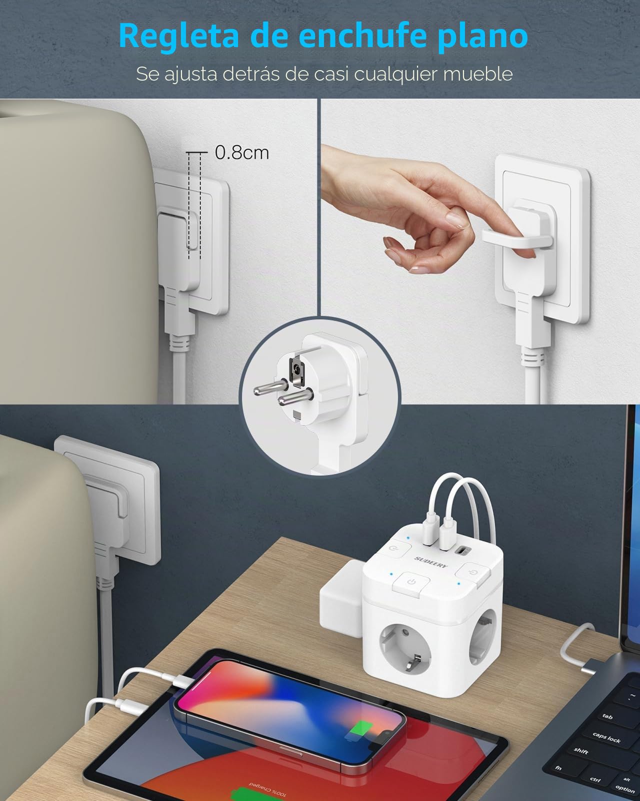 SUDEERY Enchufe 6 en 1 cubo con USB C,regleta de 3 enchufes,enchufe plano con conmutable individual,enchufe múltiple con cable de 2m,1 conector múltiple tipo C USB para oficina, casa, viajes (blanco)