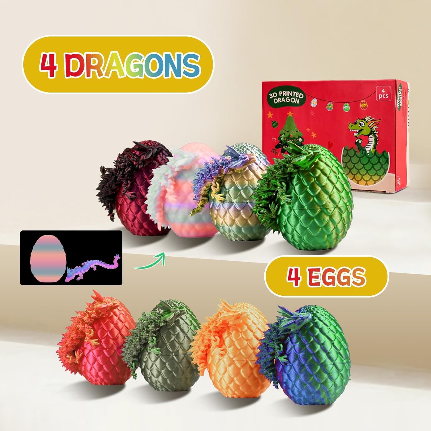 3D Printed Dragon Eggs with Dragon Inside – 4PCS Mini Egg Set, Articulated Crystal Fidget Toy for Kids & Adults Gifts, Home Decor & Desk Display, Christmas Ornament & Stocking Stuffers
