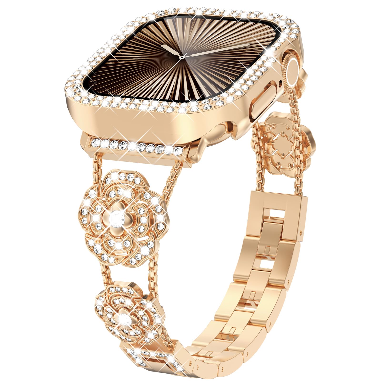 KADES Compatible with Apple Watch Band 46mm 45mm 44mm 42mm 41mm 40mm 38mm for Women – Camellia Diamond Band with Bling Protective Case, Floral